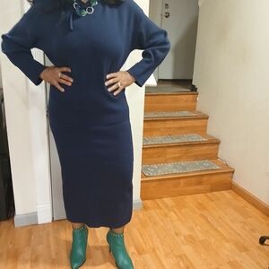 Cozy Navy Blue Ribbed Sweater 2 Piece Hooded Top With Skirt